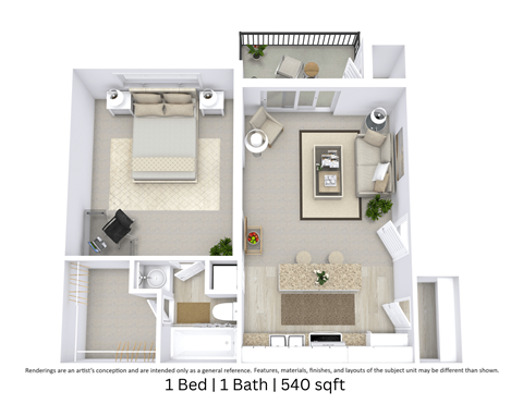 Floor plan for 1 bed, 1 bath, 540 sqft